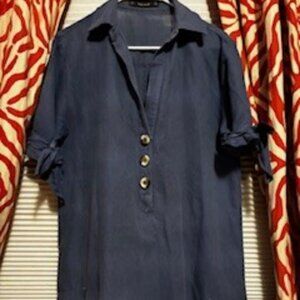 Zara Shirtdress in light denim blue,  European Linen, Short sleeve, size Small
